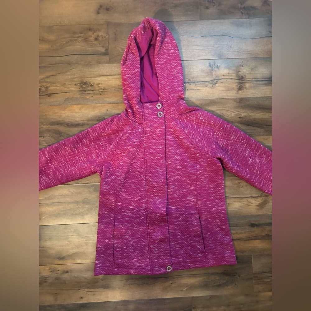 💕 T by Talbots Quilted Knit Longline Hooded Jacket | Size M | Raspberry Heather - Picture 5 of 10